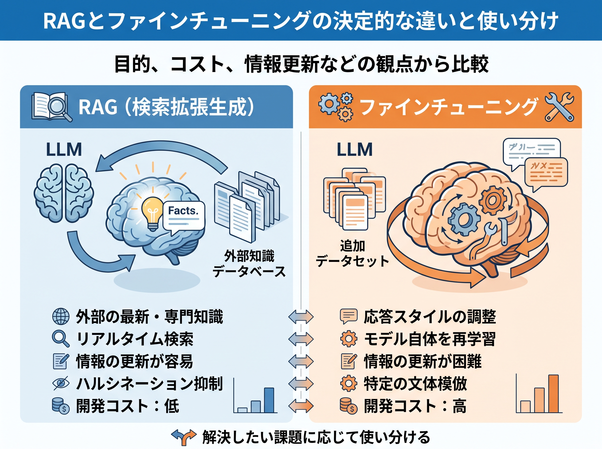 目的、コスト、情報更新などの観点からRAGとファインチューニングの違いを比較した表