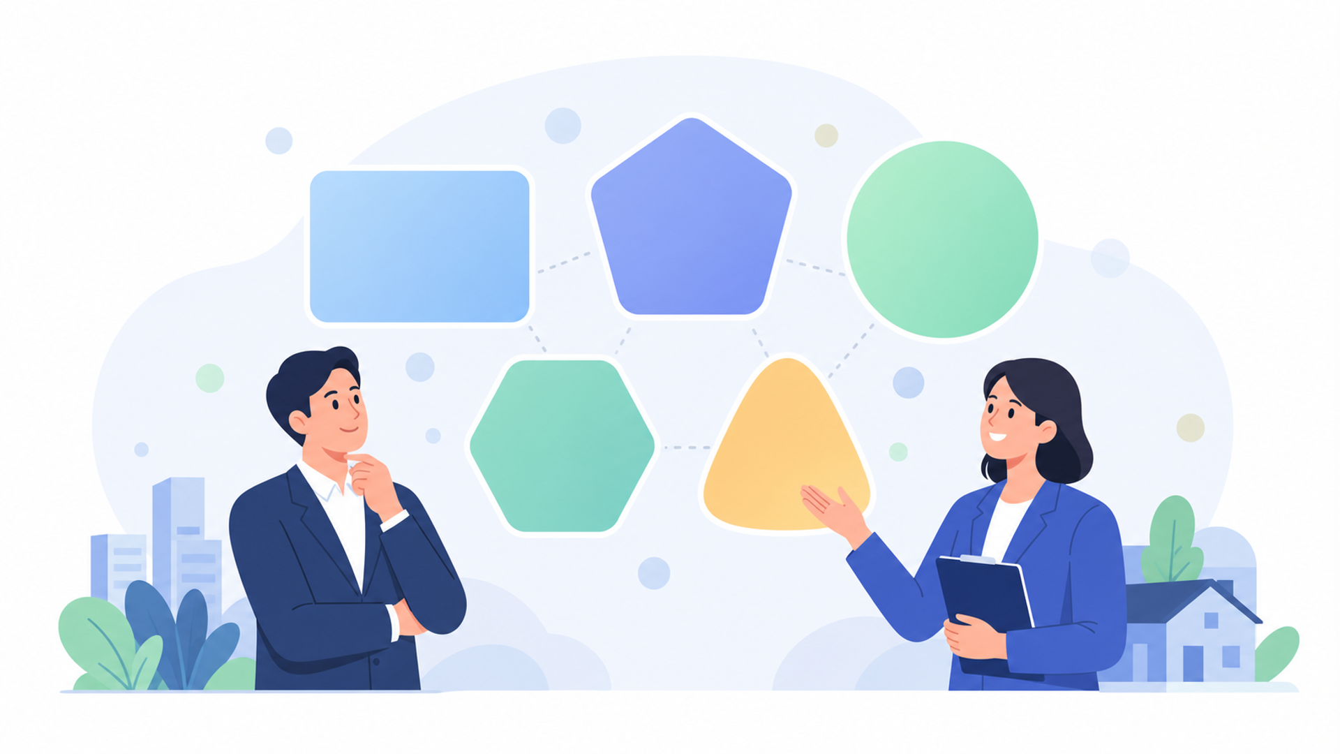 目的や規模に合わせて選べる5つの申請類型を表す図解イラスト