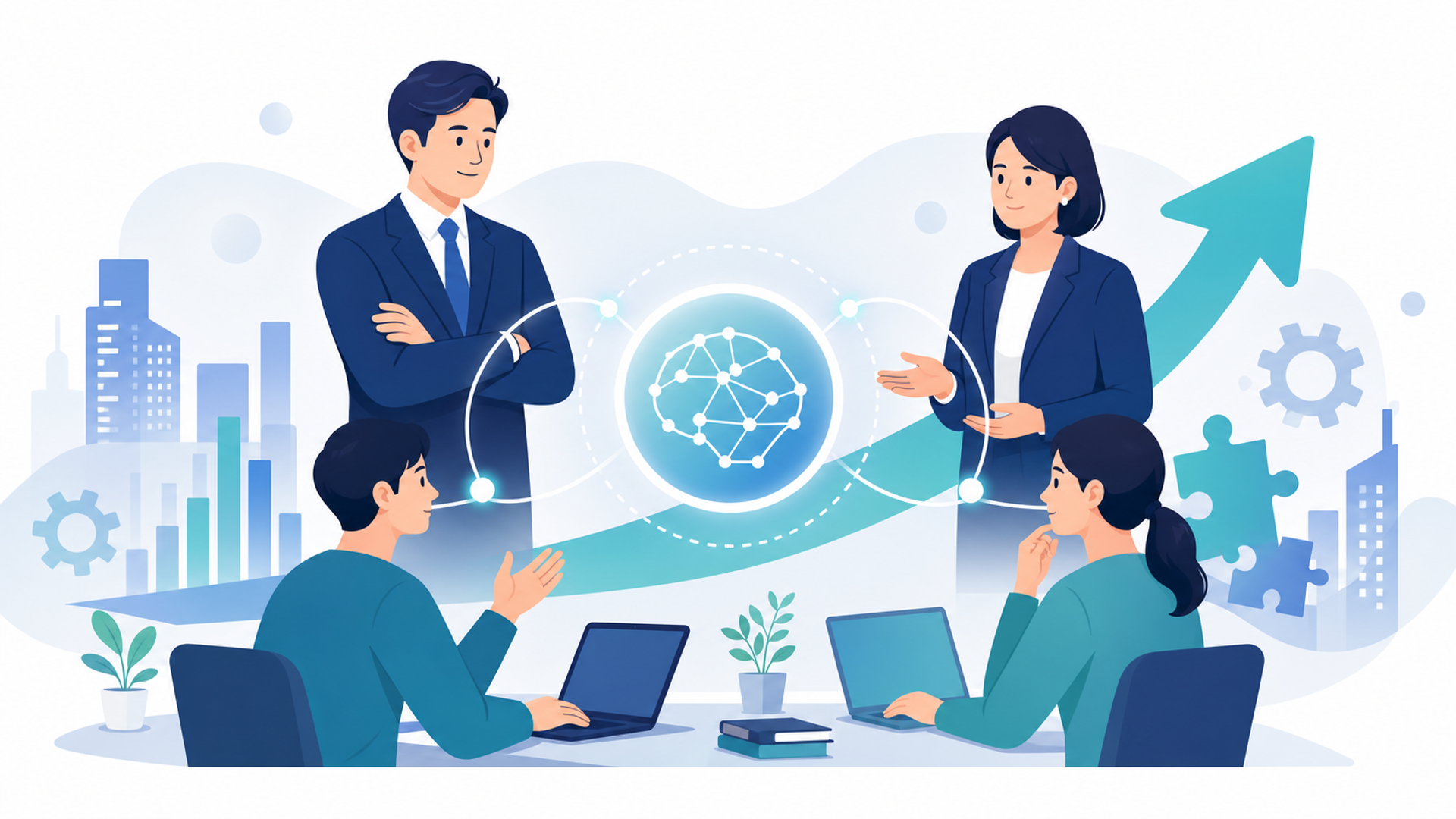 事業展開等リスキリング支援コースにおける生成AI研修の概要と2026年度の最新動向を表す図解イラスト