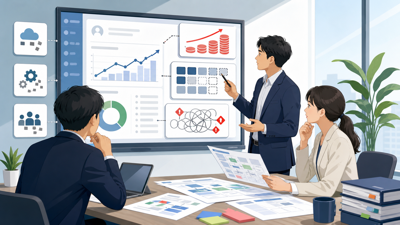 脱Salesforceを検討する企業が増えている背景と主な課題を表す図解イラスト