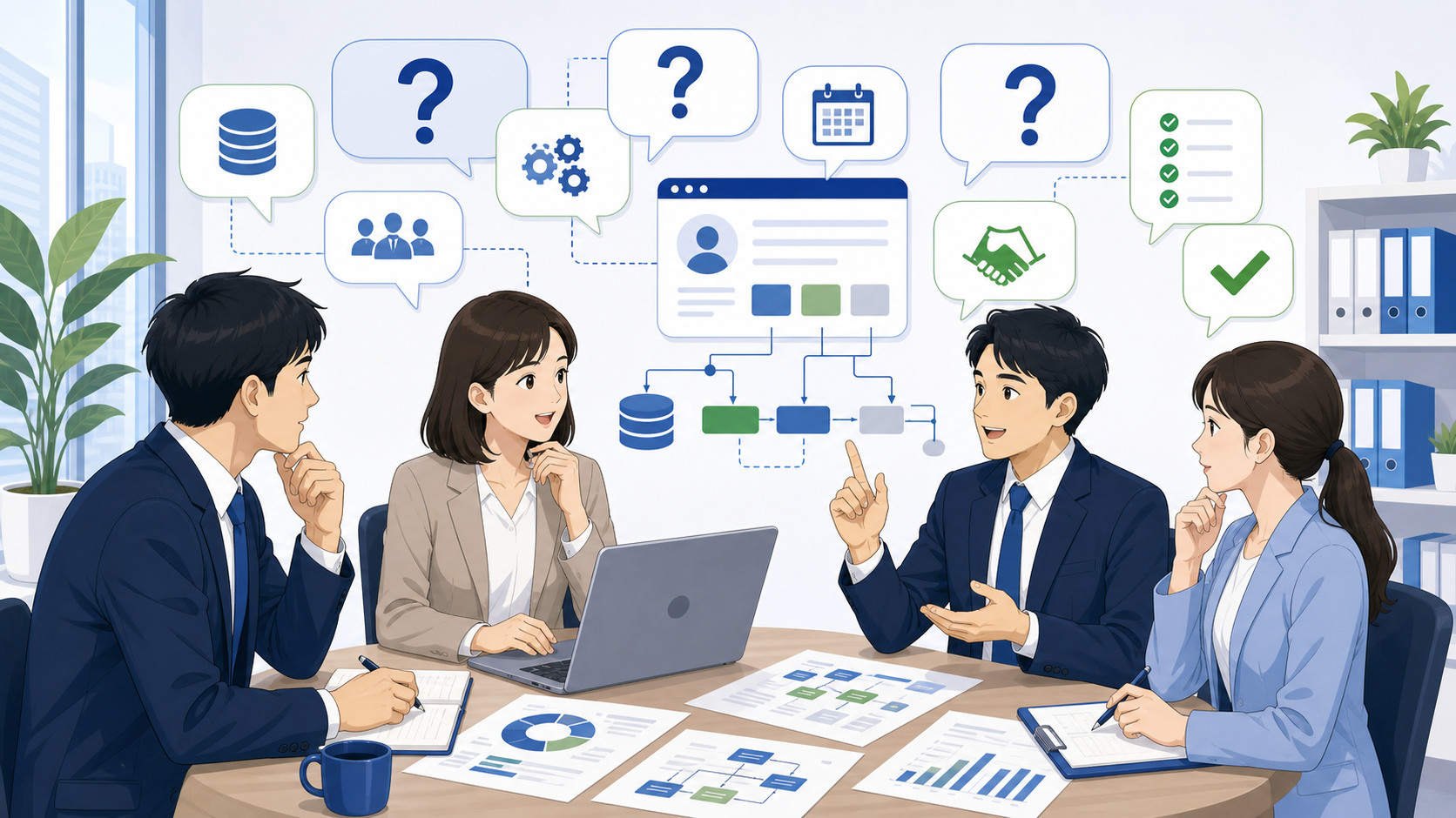 顧客管理システムの自社開発に関するFAQを表す図解イラスト