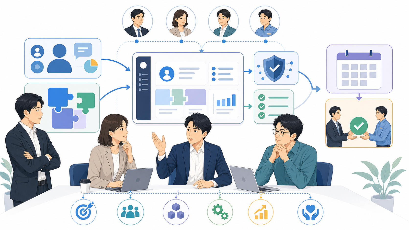 開発プロジェクトを成功させるためのポイントを表す図解イラスト