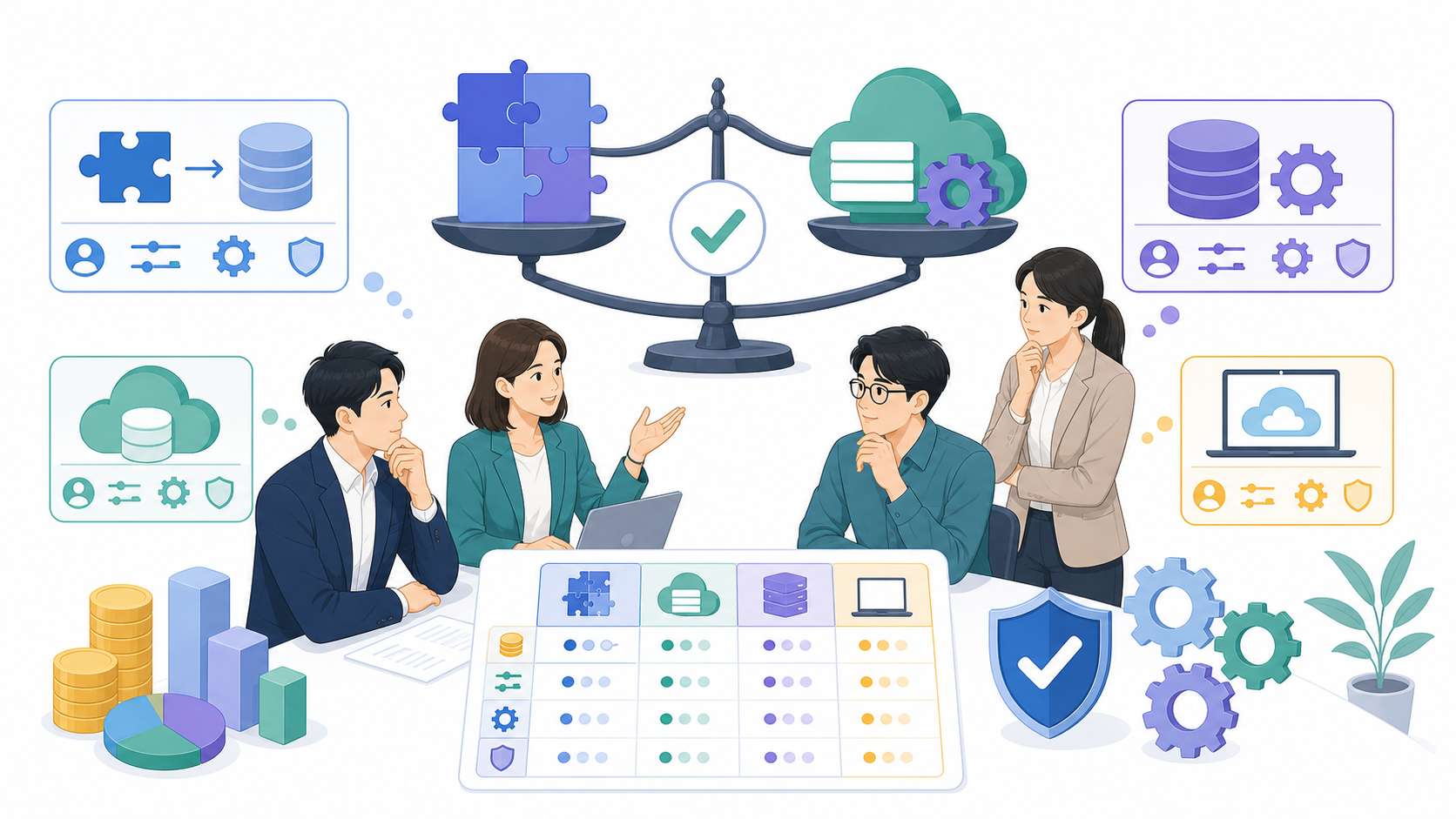 自社に適したCRMの構築方法を選ぶ基準を表す図解イラスト