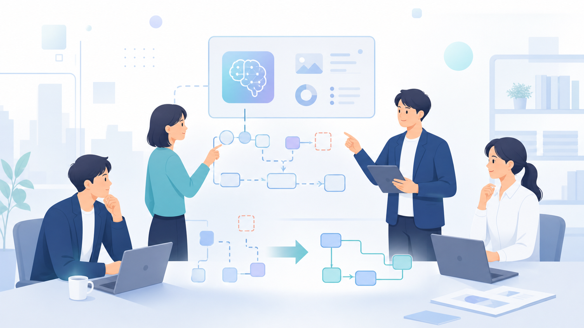 企業におけるAI活用の現状と失敗から学ぶ重要性を表す図解イラスト