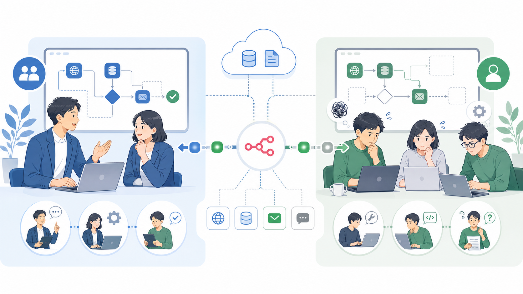 n8n構築代行サービスとは？自社で内製化（自社構築）する場合との違いを表す図解イラスト