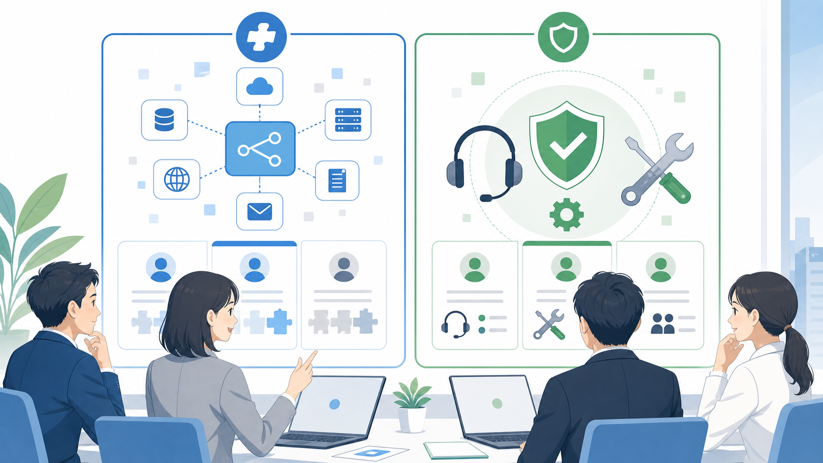 自社に最適な開発パートナーを選ぶための2つの基準を表す図解イラスト