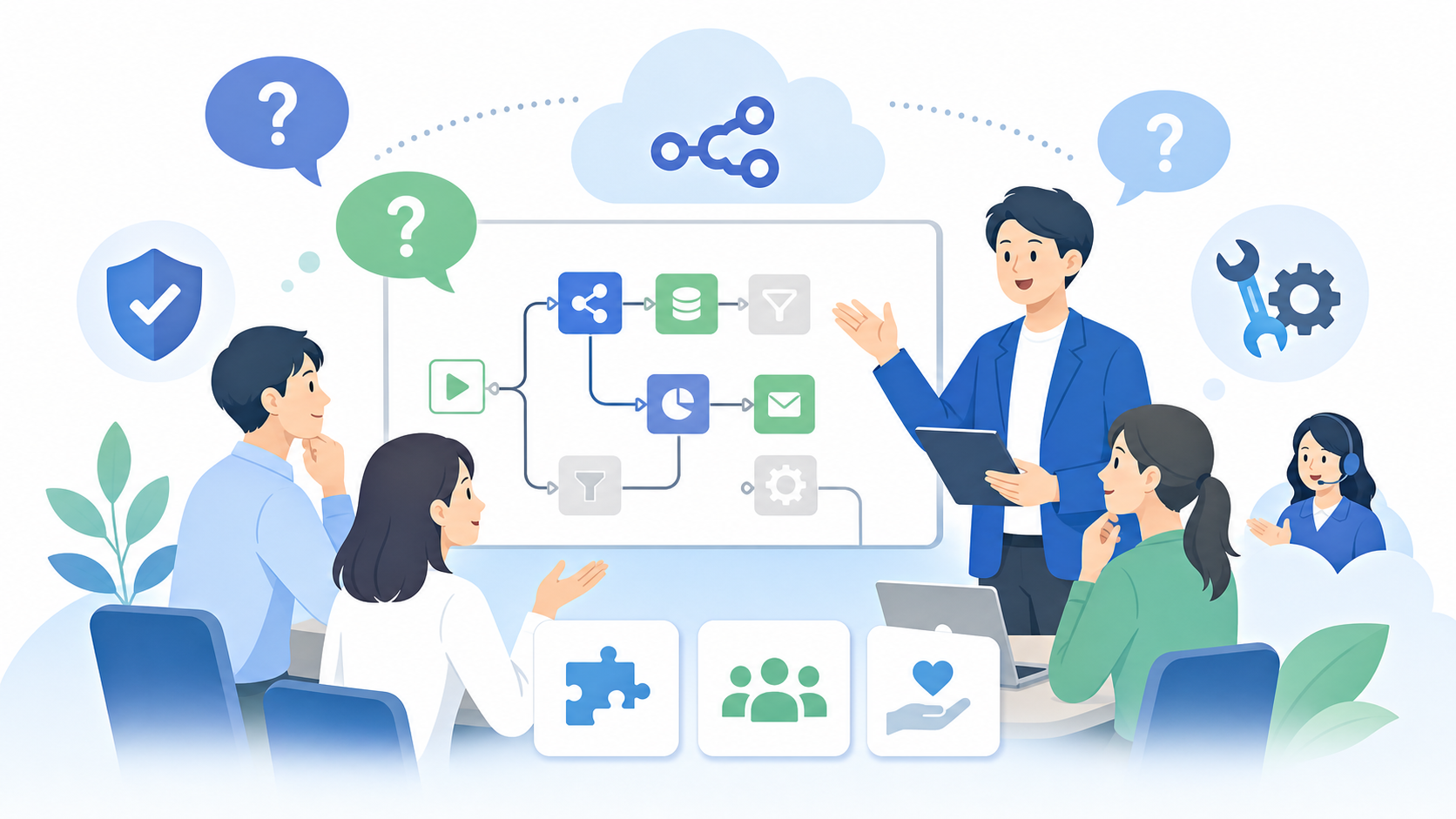 導入や運用に関するよくある質問（FAQ）を表す図解イラスト