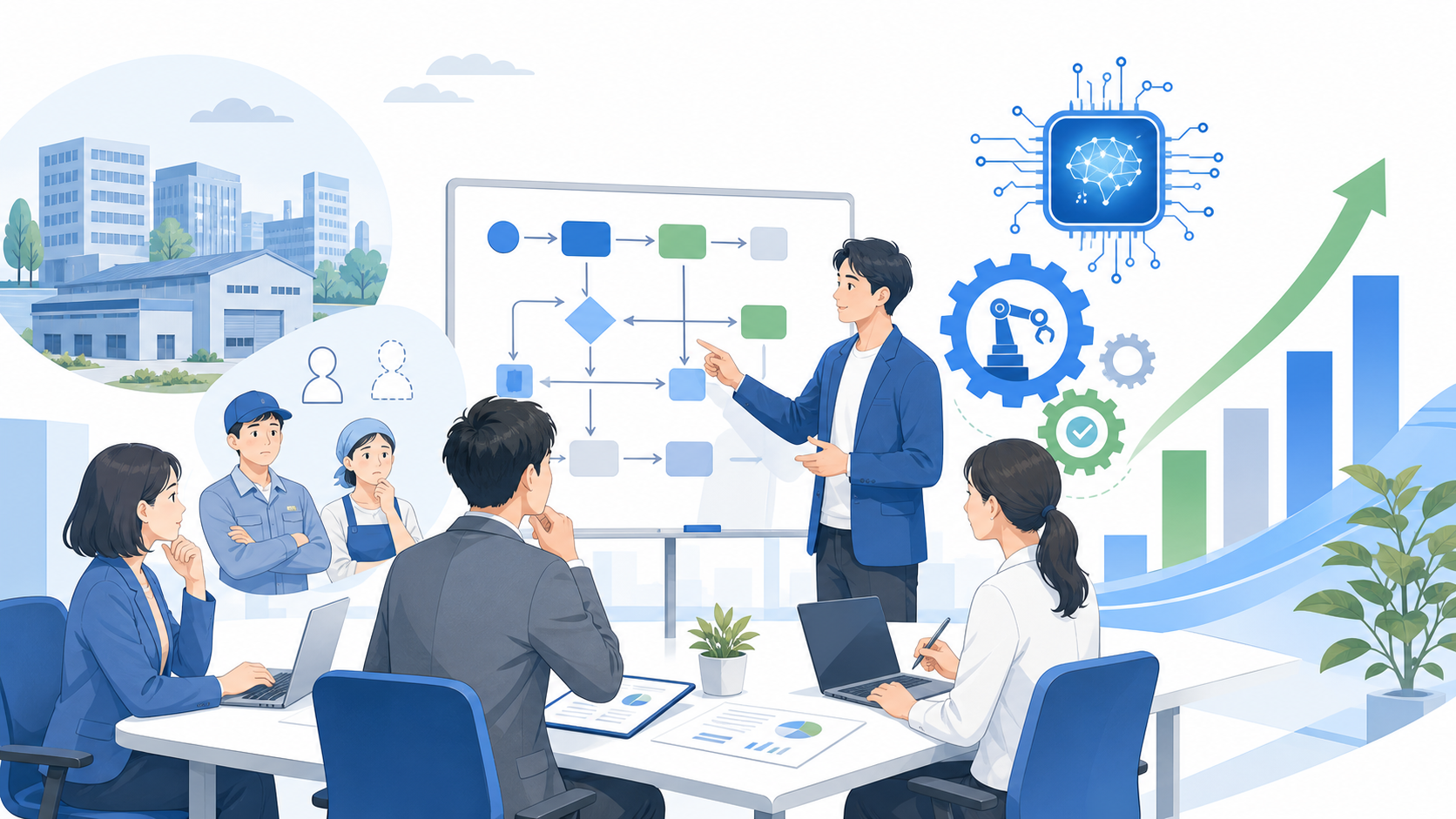 中小企業にとってAIの活用が不可欠となる背景を表す図解イラスト