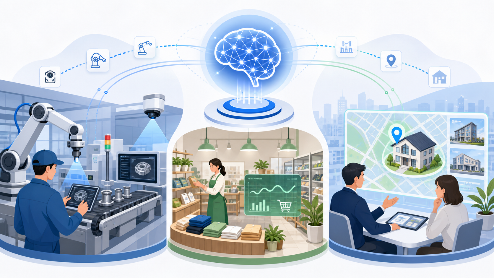 業種別に見る中小企業のAI活用例を表す図解イラスト