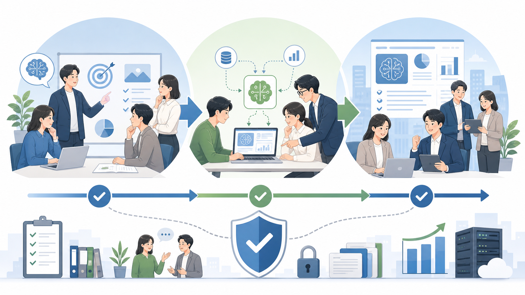 失敗しないためのAI導入手順を表す図解イラスト