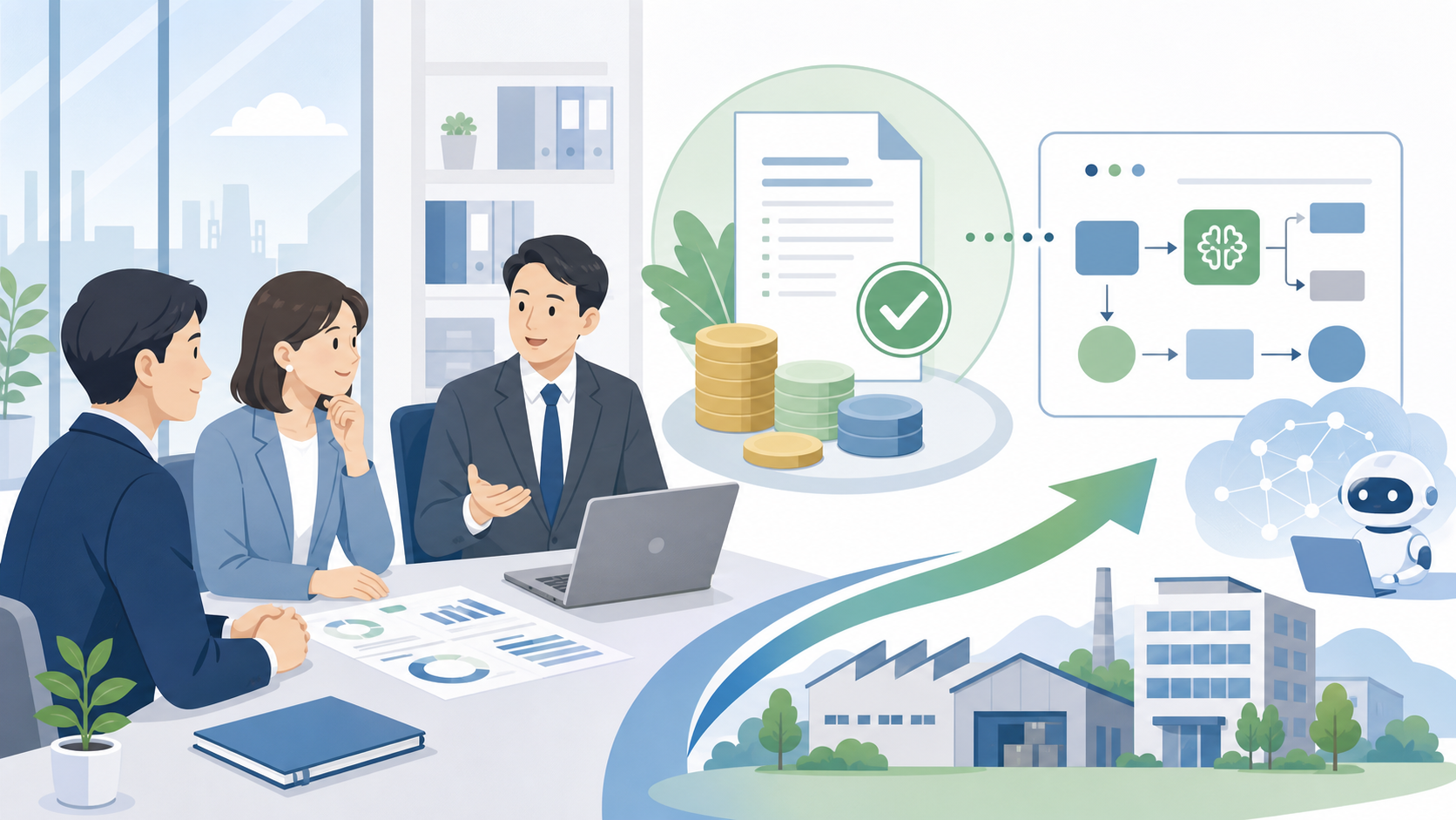 補助金制度を活用したAI導入の推進を表す図解イラスト