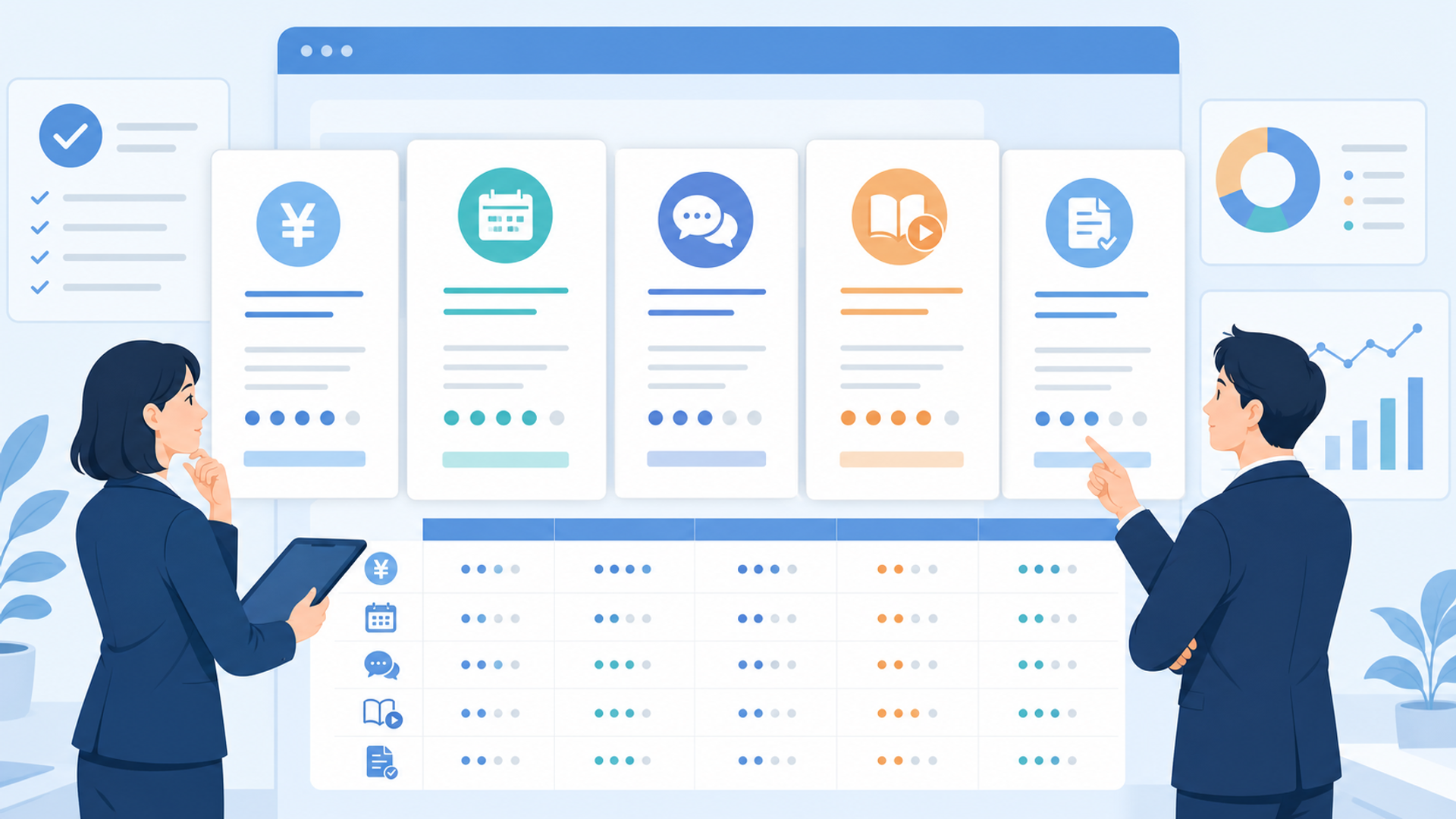 SHIFT AIと他社5サービスを料金・契約・サポートで比較を表す図解イラスト