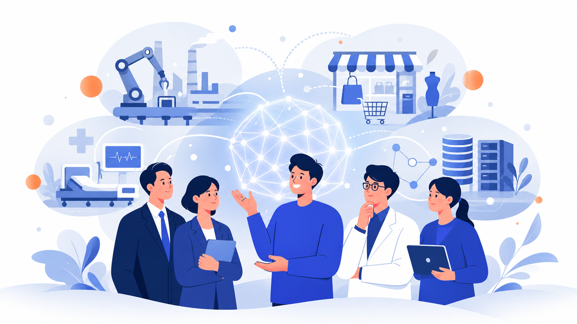 特定の業界や最先端技術に特化した企業5選を表す図解イラスト
