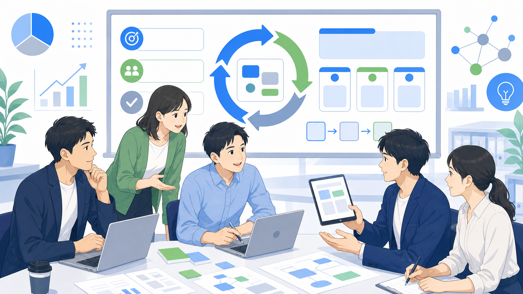 伴走型開発を成功に導くための重要なポイントを表す図解イラスト