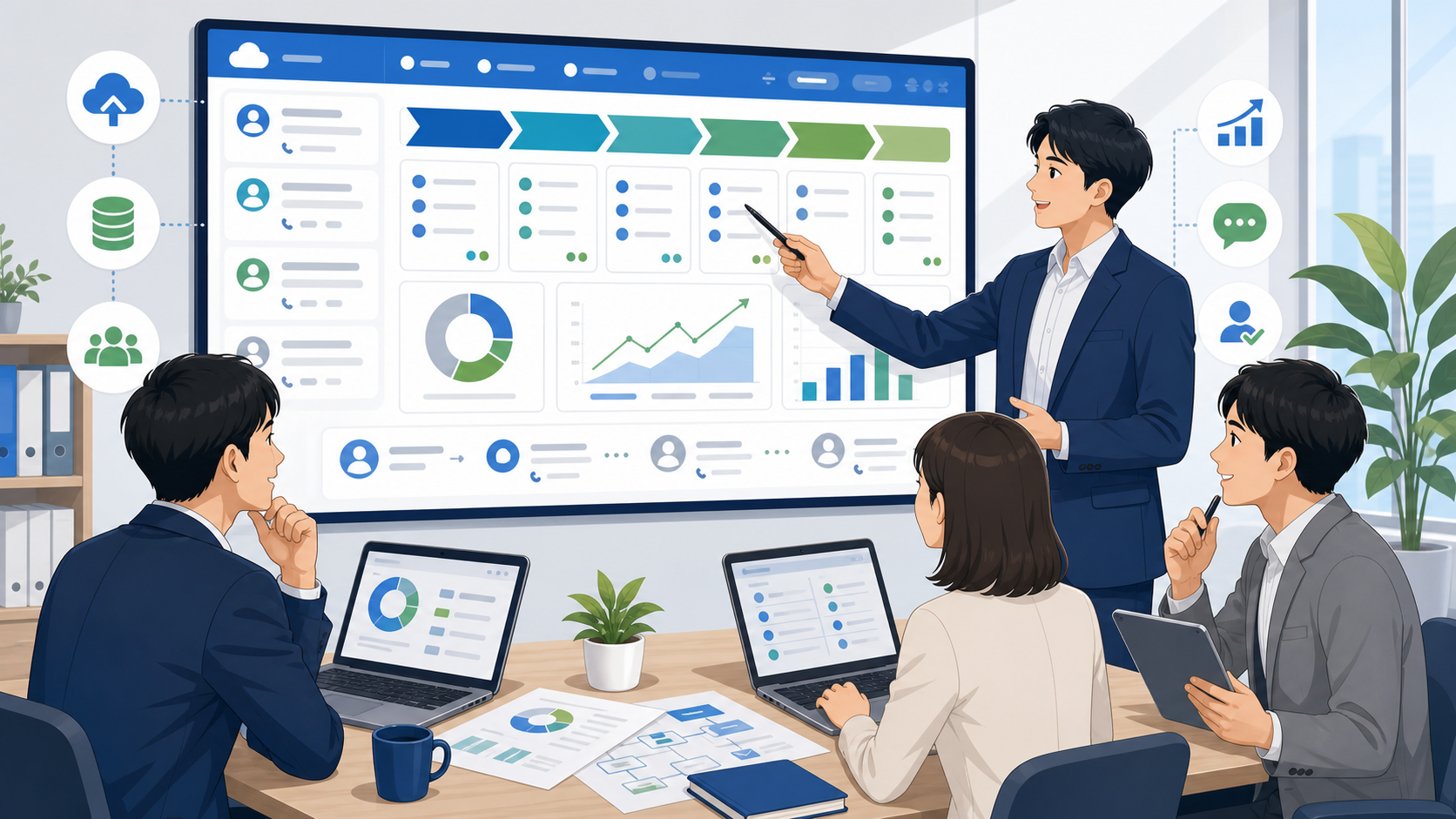 Salesforceの機能と導入することで実現できることを表す図解イラスト