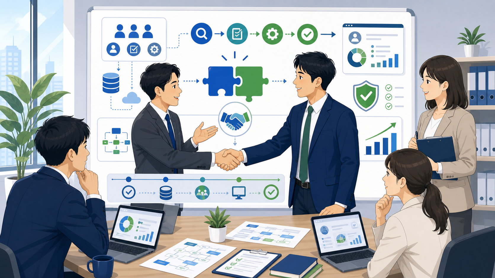 外部パートナーを活用してCRM導入を成功させるメリットを表す図解イラスト