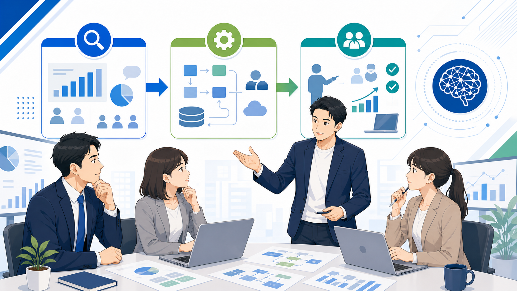AI導入支援サービスが提供する主な内容を表す図解イラスト
