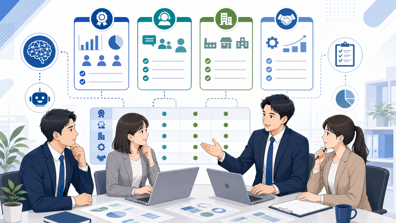 失敗しないAI導入支援会社の選び方 4つのポイントを表す図解イラスト