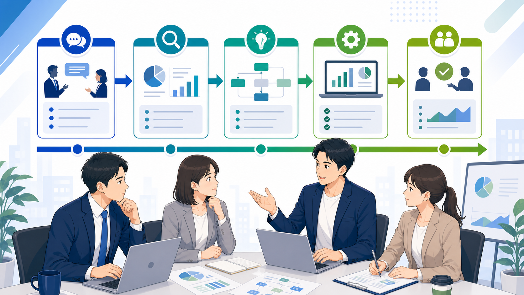 AI導入支援を受ける際の手順を表す図解イラスト