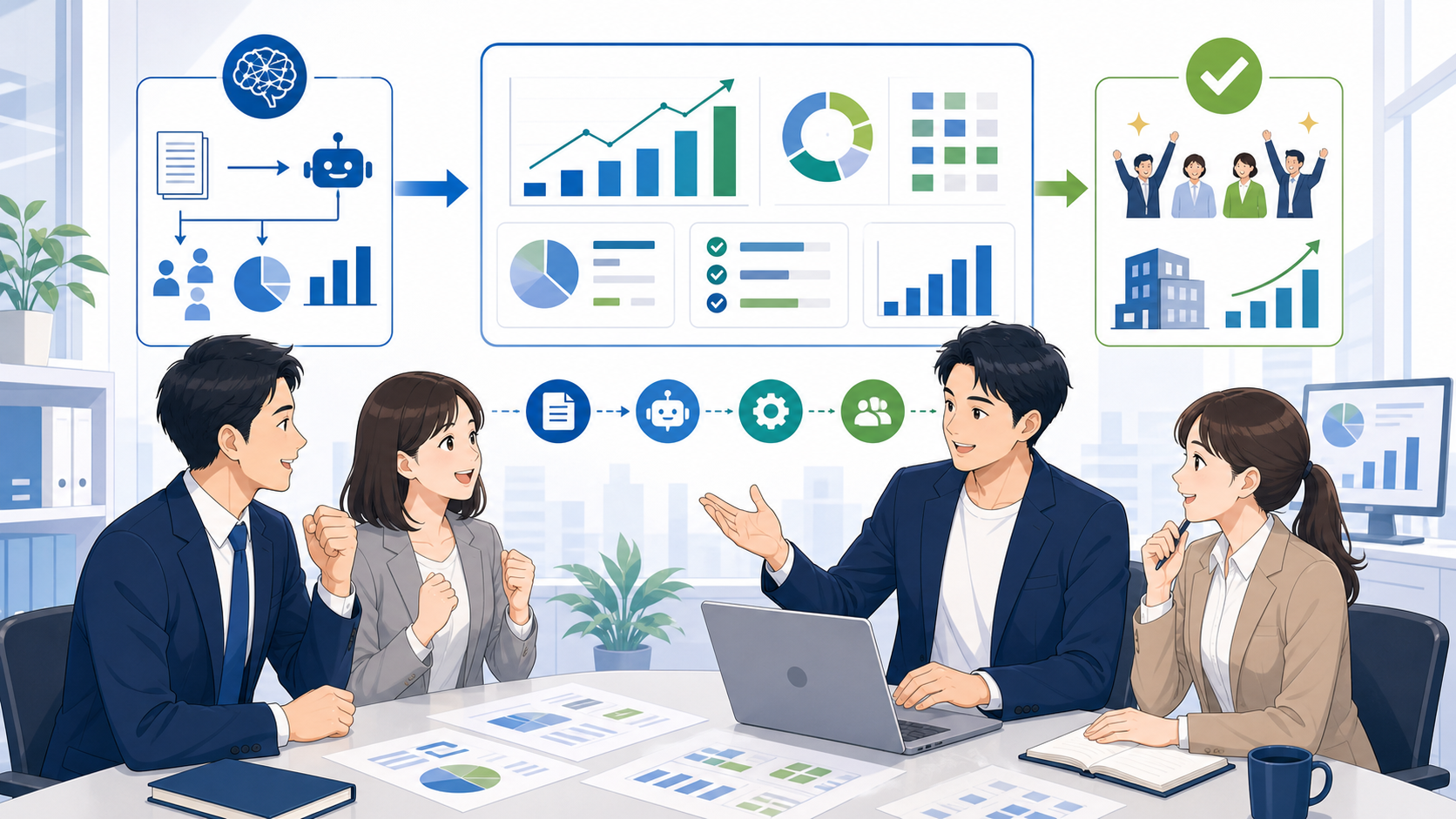 中小企業におけるAI活用の成功事例を表す図解イラスト