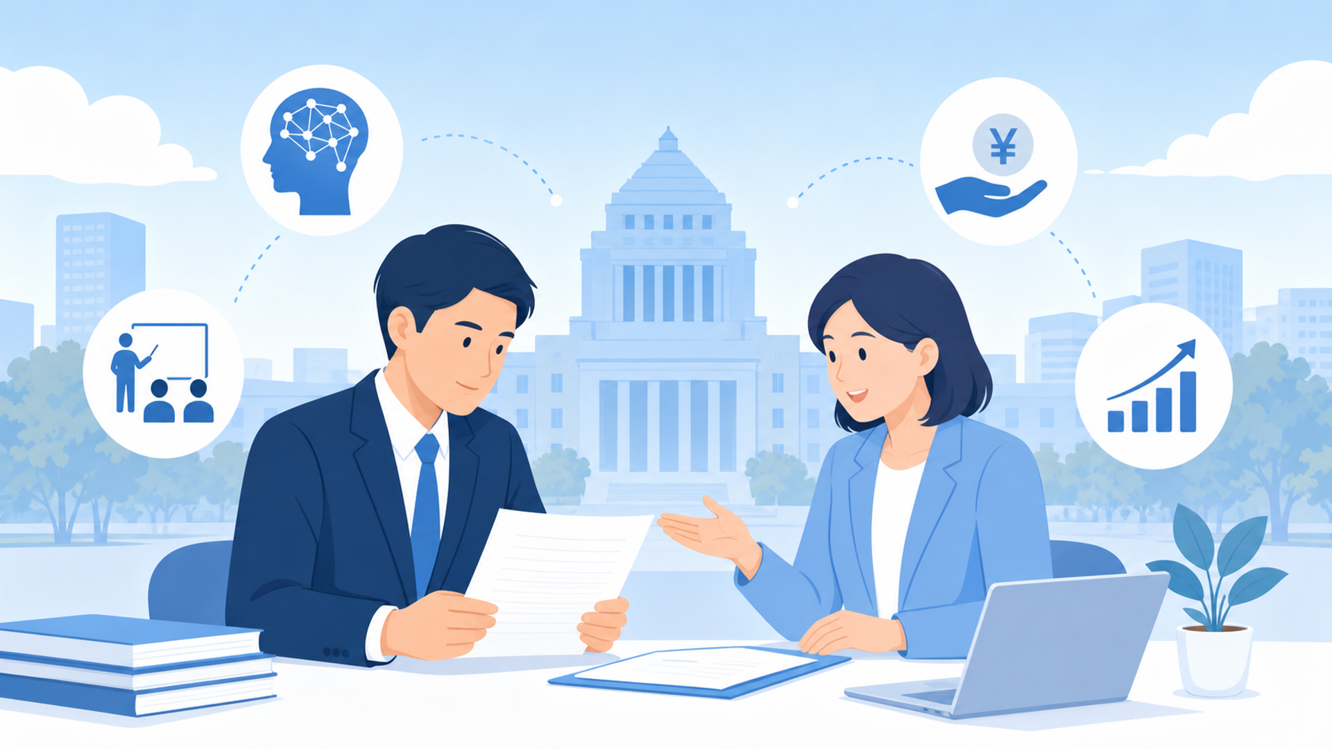 国や自治体による中小企業向けの主な支援制度と助成金を表す図解イラスト