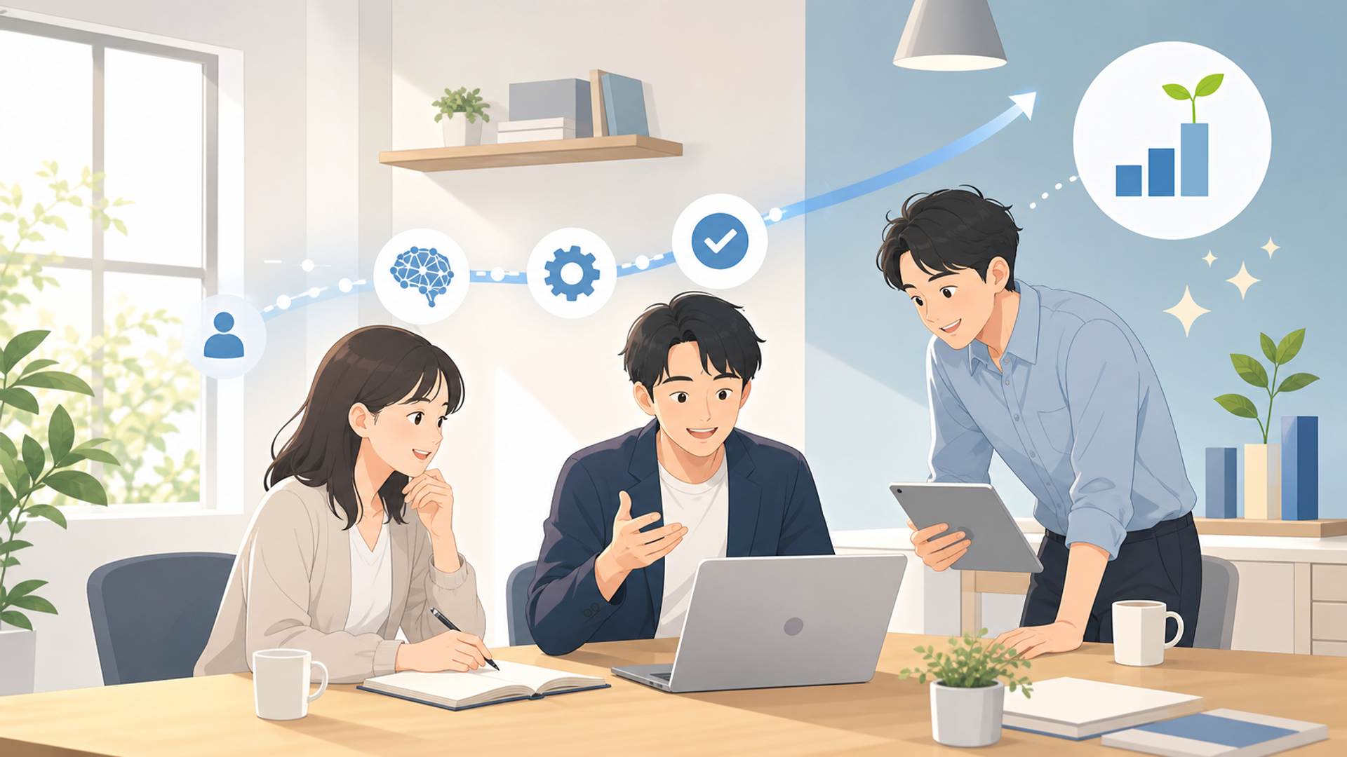 成功事例から学ぶ効果的なAI活用の進め方を表す図解イラスト
