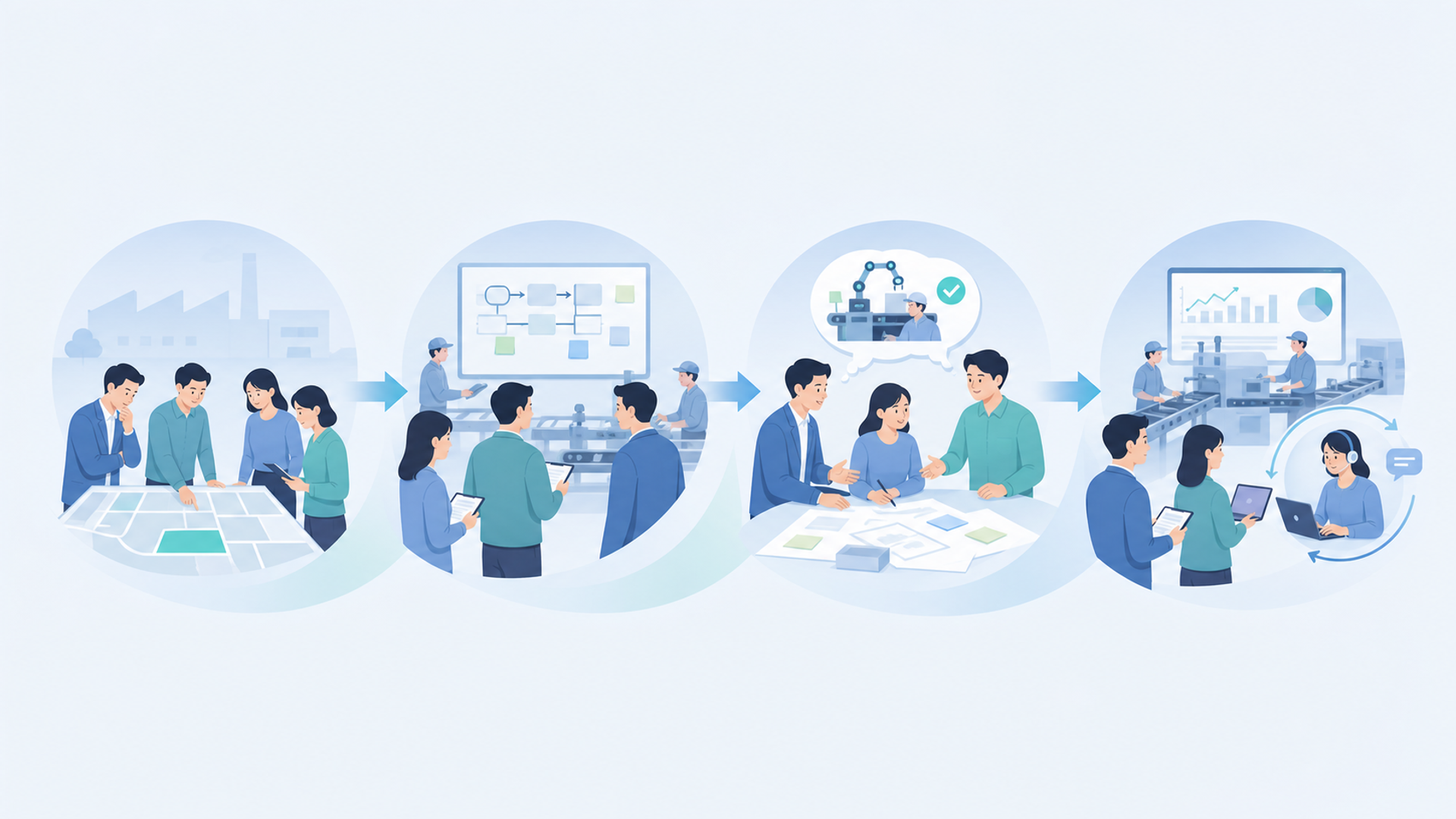 自社で現場常駐型開発を導入するための4ステップを表す図解イラスト