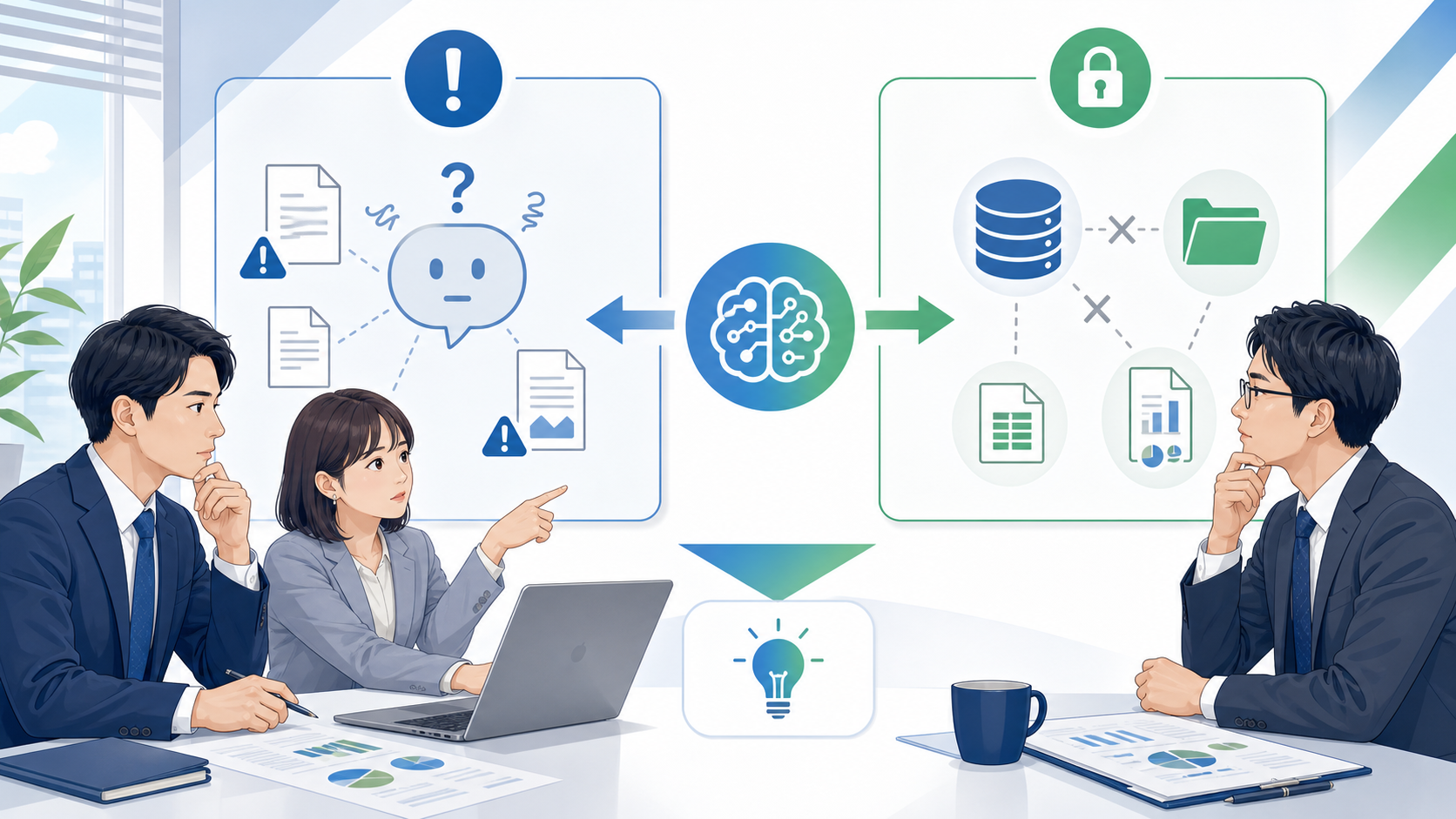 なぜ今必要とされるのか？従来の生成AIが抱える2つの課題を表す図解イラスト