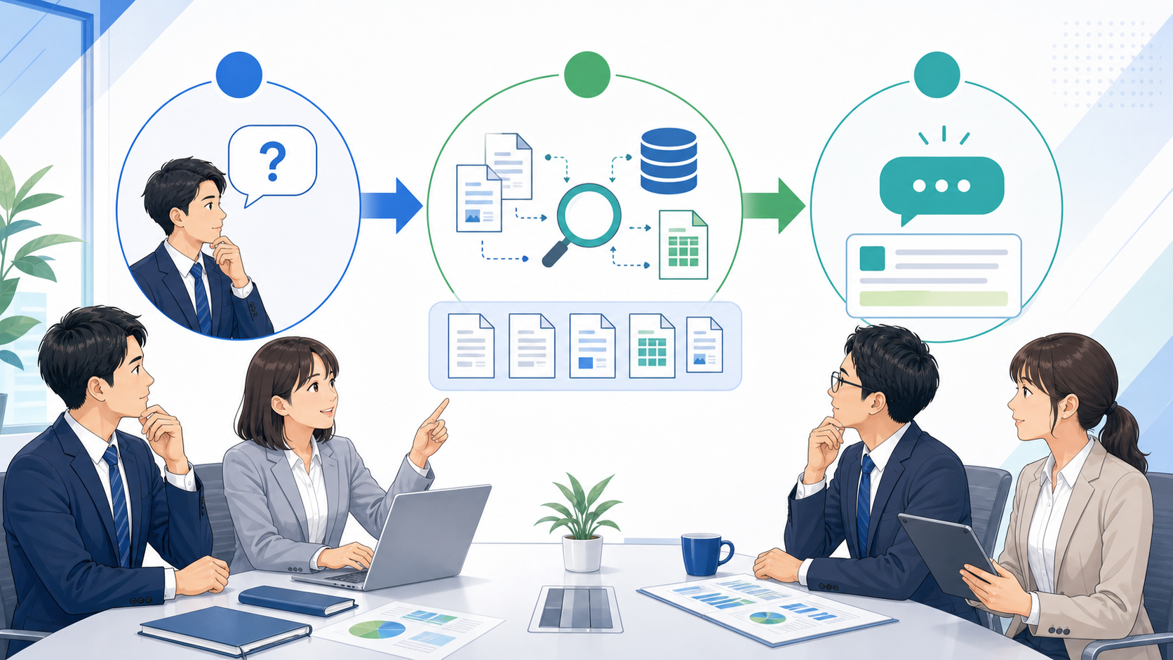 情報を補強して回答する仕組みと3つのプロセスを表す図解イラスト