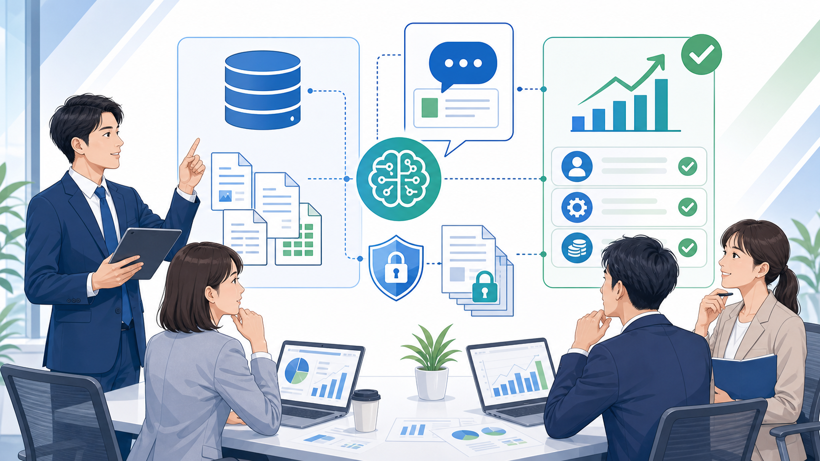 企業が導入するメリットと得られる効果を表す図解イラスト