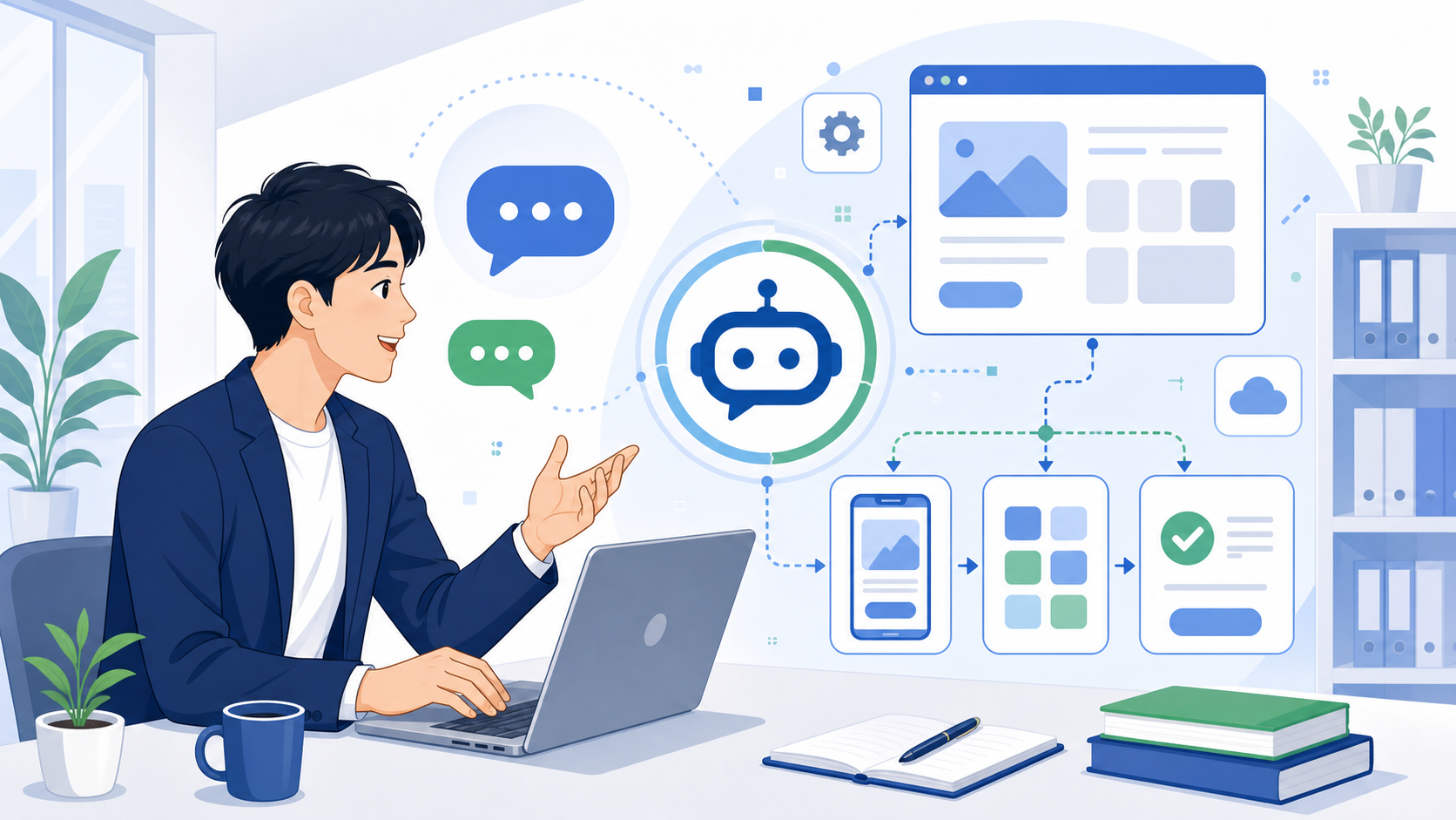 バイブコーディングとは？AIと自然言語で開発する新しい手法を表す図解イラスト