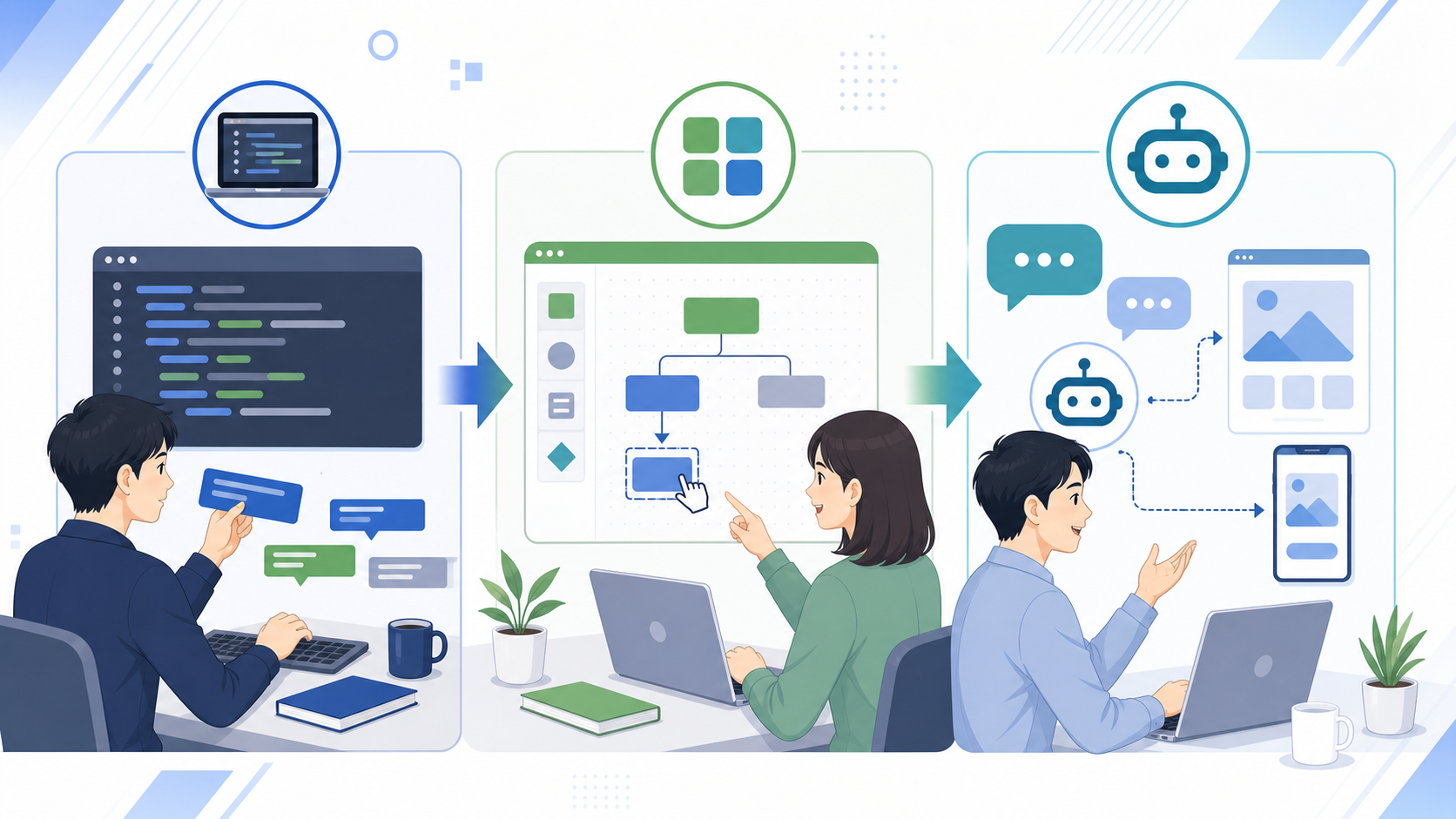 従来のプログラミングやノーコード開発との違いを表す図解イラスト