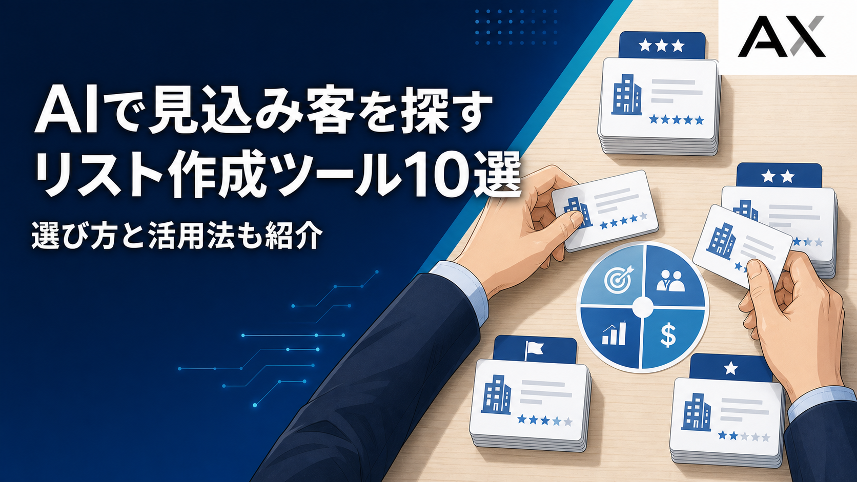企業カードを条件と優先度に基づいて見込み客リストへ分類する手元の図