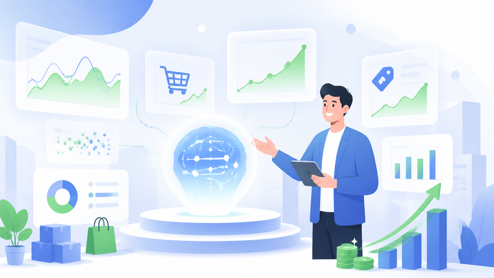 AIによる価格最適化がビジネスにもたらすメリットを表す図解イラスト