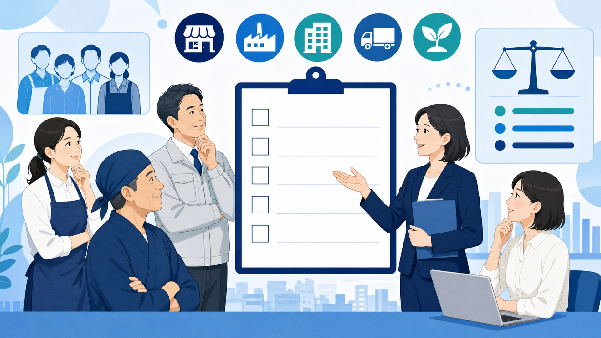 補助金を利用できる中小企業・小規模事業者の対象要件を表す図解イラスト