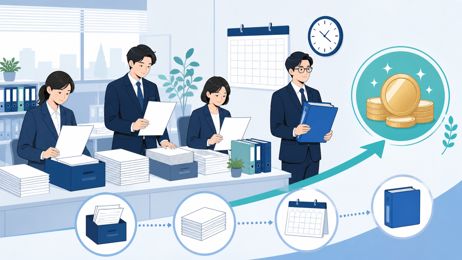 交付決定後に必要となる実績報告の手続きを表す図解イラスト