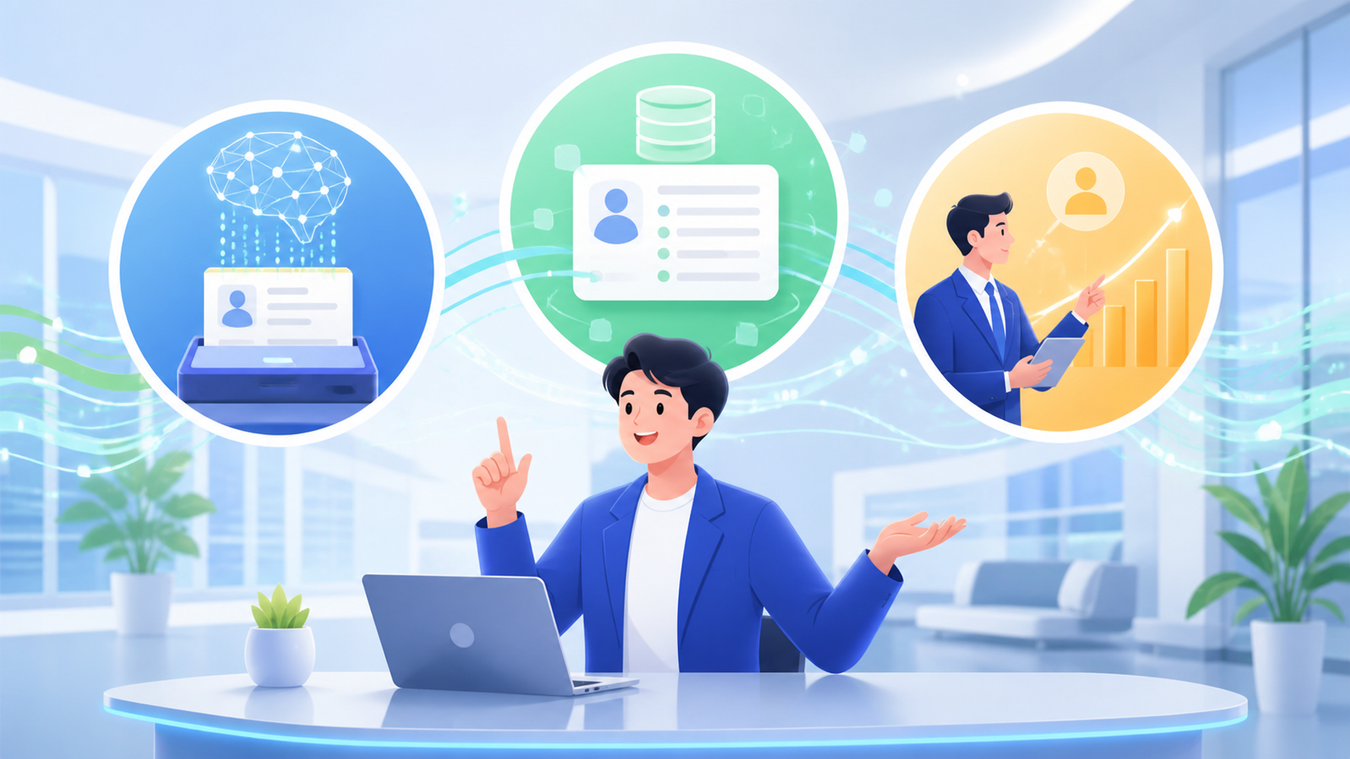 名刺管理にAIを導入することで得られる3つのメリットを表す図解イラスト
