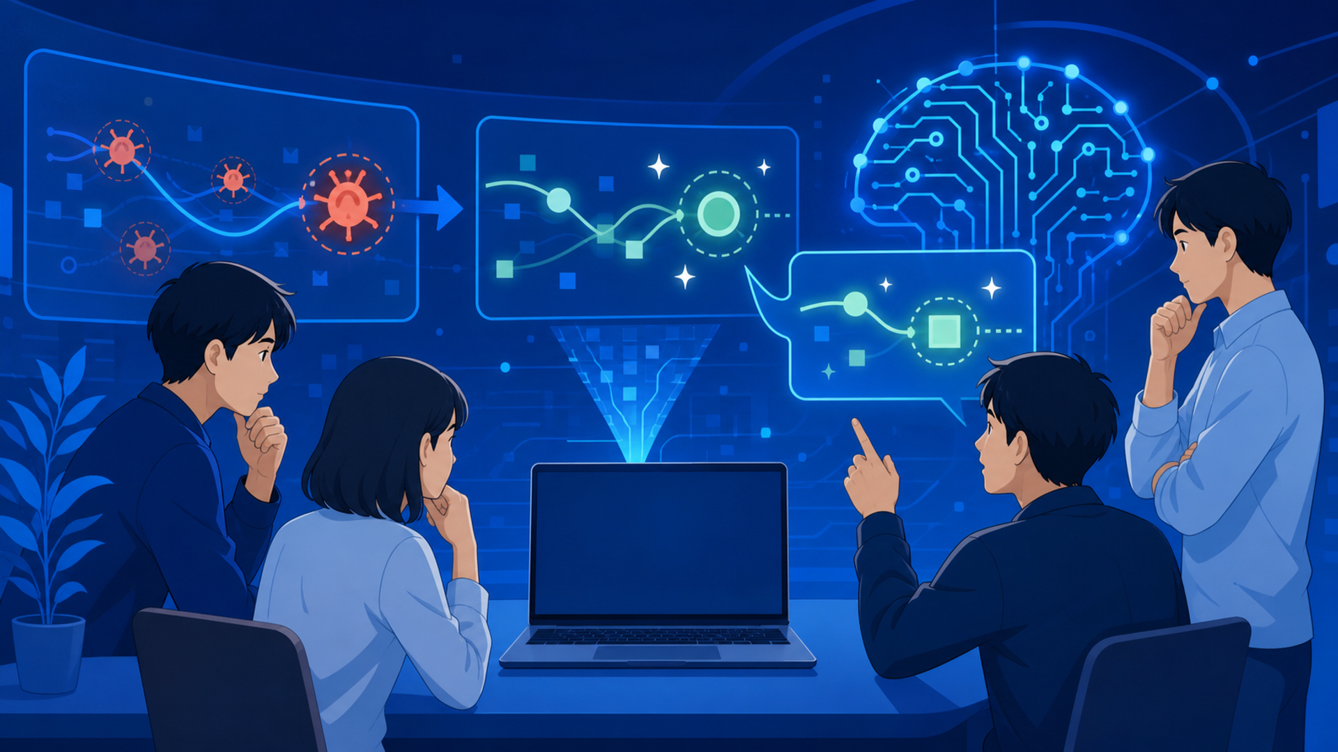 AIはプログラムのバグを本当に修正できるのか？を表す図解イラスト