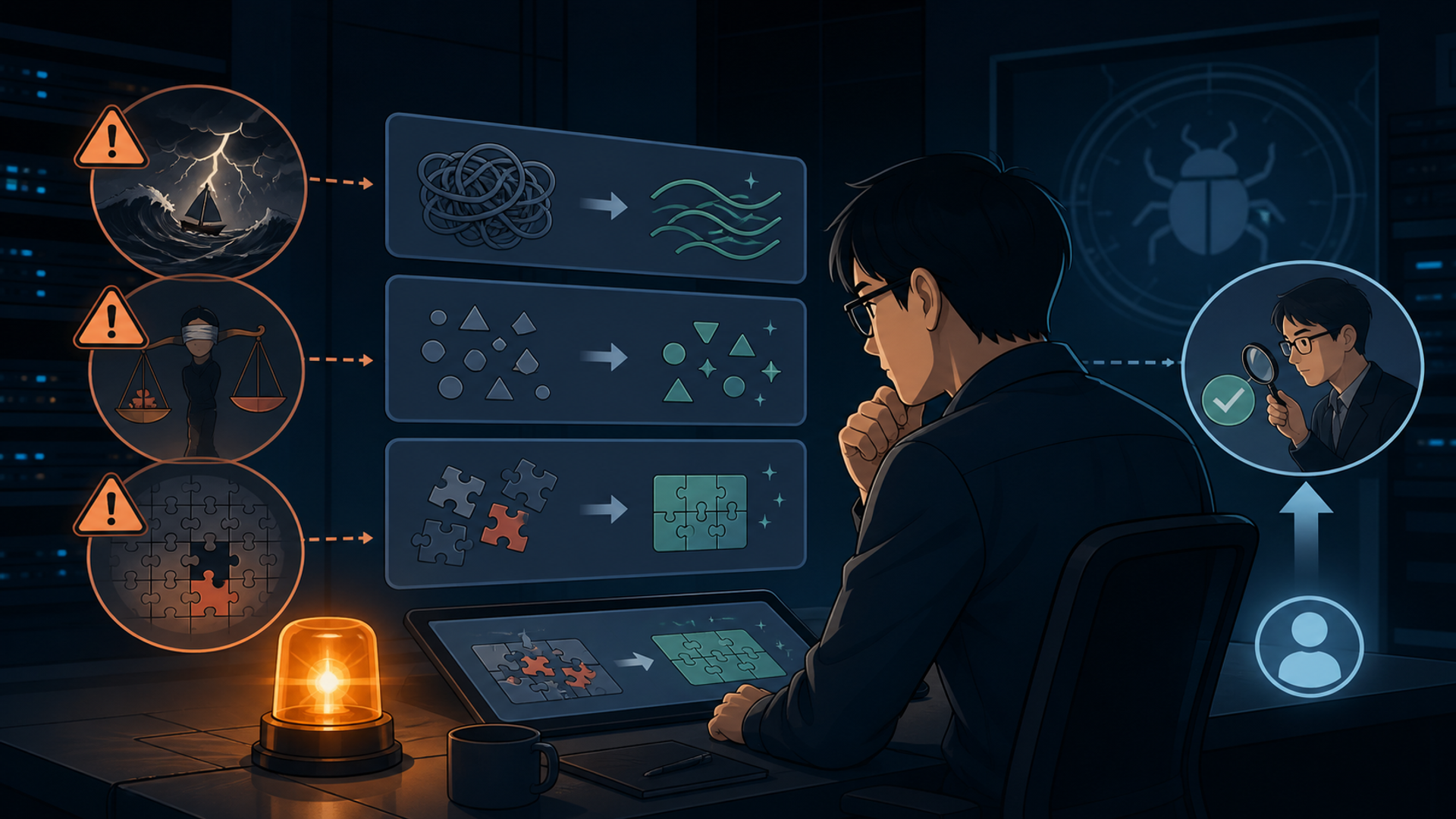AIがバグ修正でつまずく3つの限界と注意点を表す図解イラスト