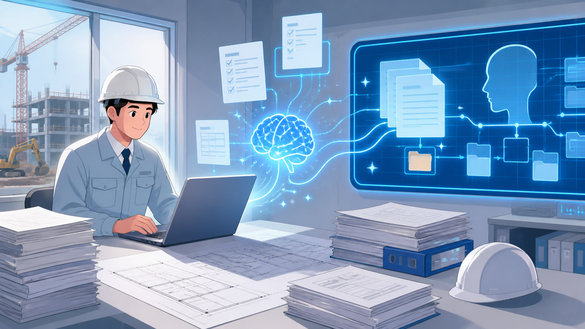 建設業界でAIによる書類作成の自動化が求められる背景と2026年の現状を表す図解イラスト