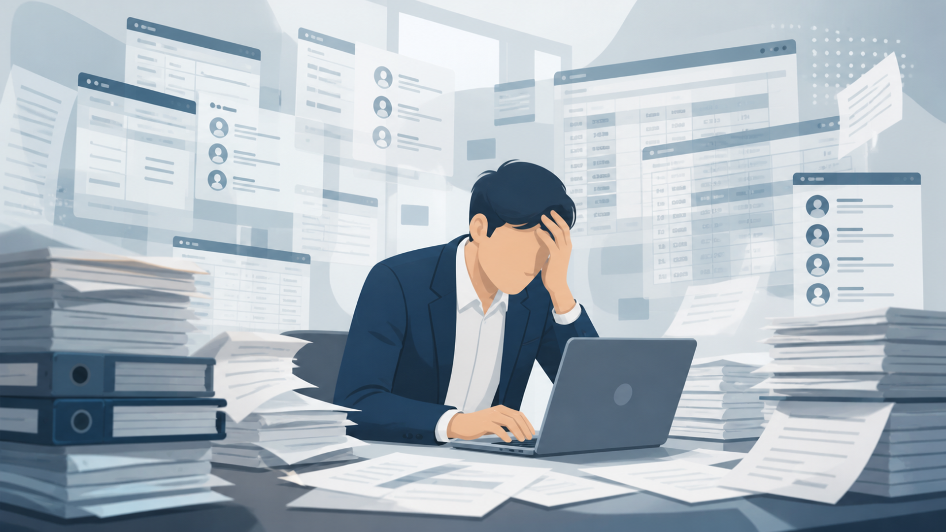 営業現場が抱えるデータ入力の負担と属人化の課題を表す図解イラスト