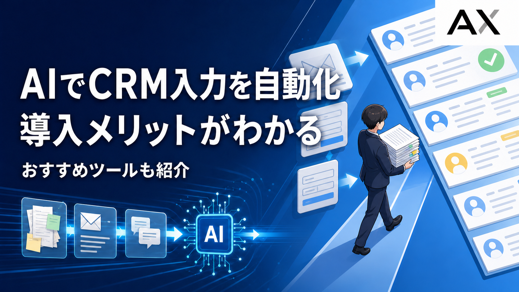 AIでCRM入力を自動化する流れを、情報カードを運び整理する担当者で表した図