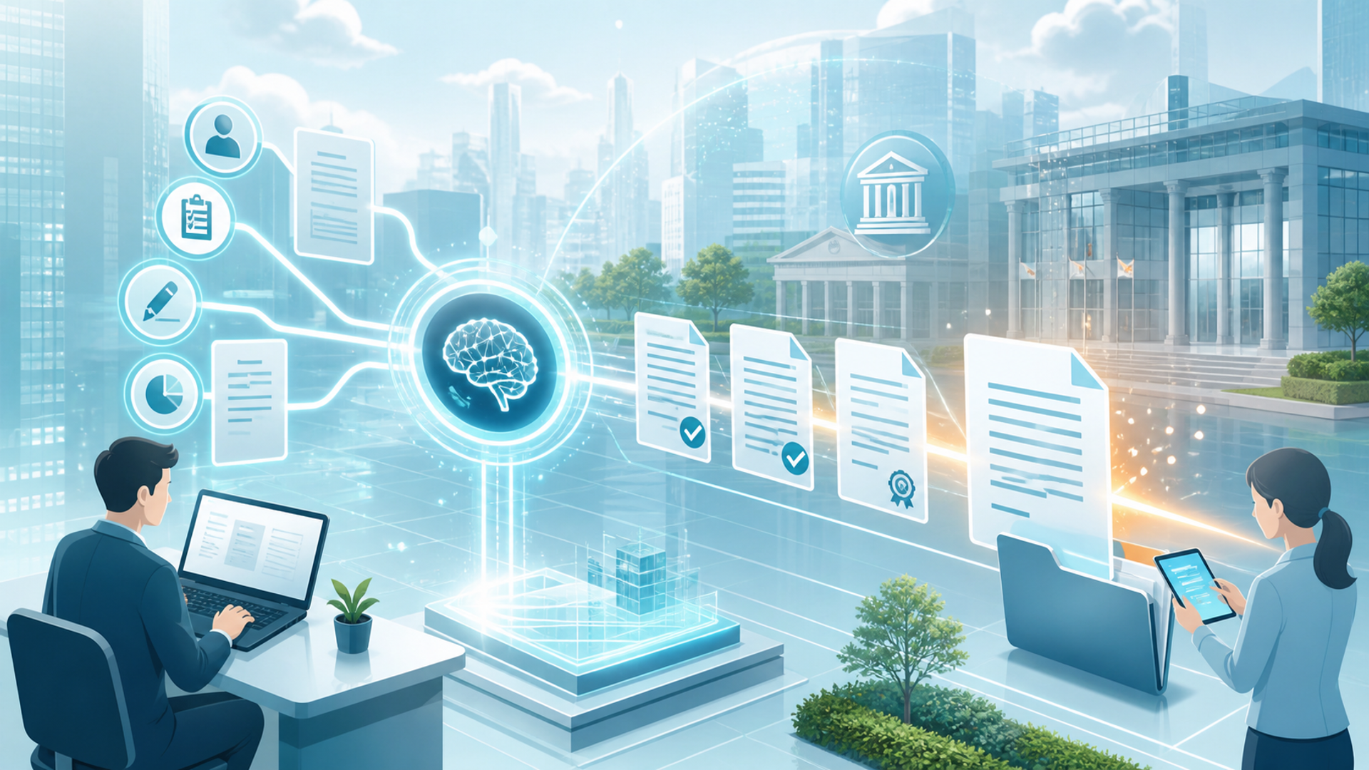 AIを活用した登記手続きの仕組みと2026年現在の普及状況を表す図解イラスト
