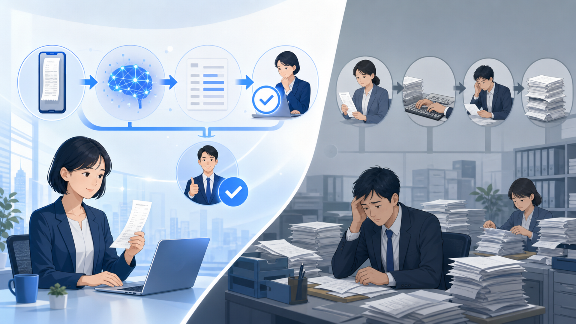 AIを活用した経費精算の仕組みと従来システムとの違いを表す図解イラスト