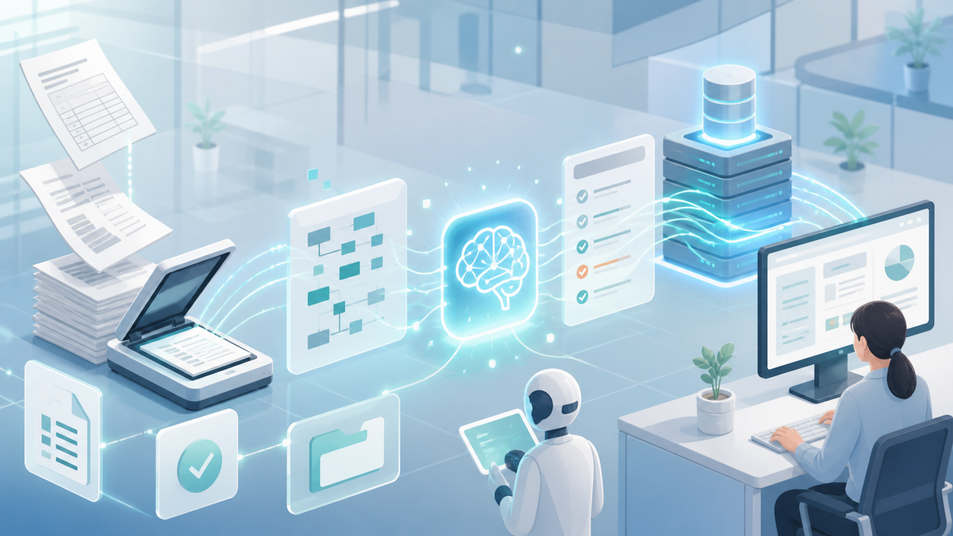 データ入力業務をAIで自動化する仕組みを表す図解イラスト