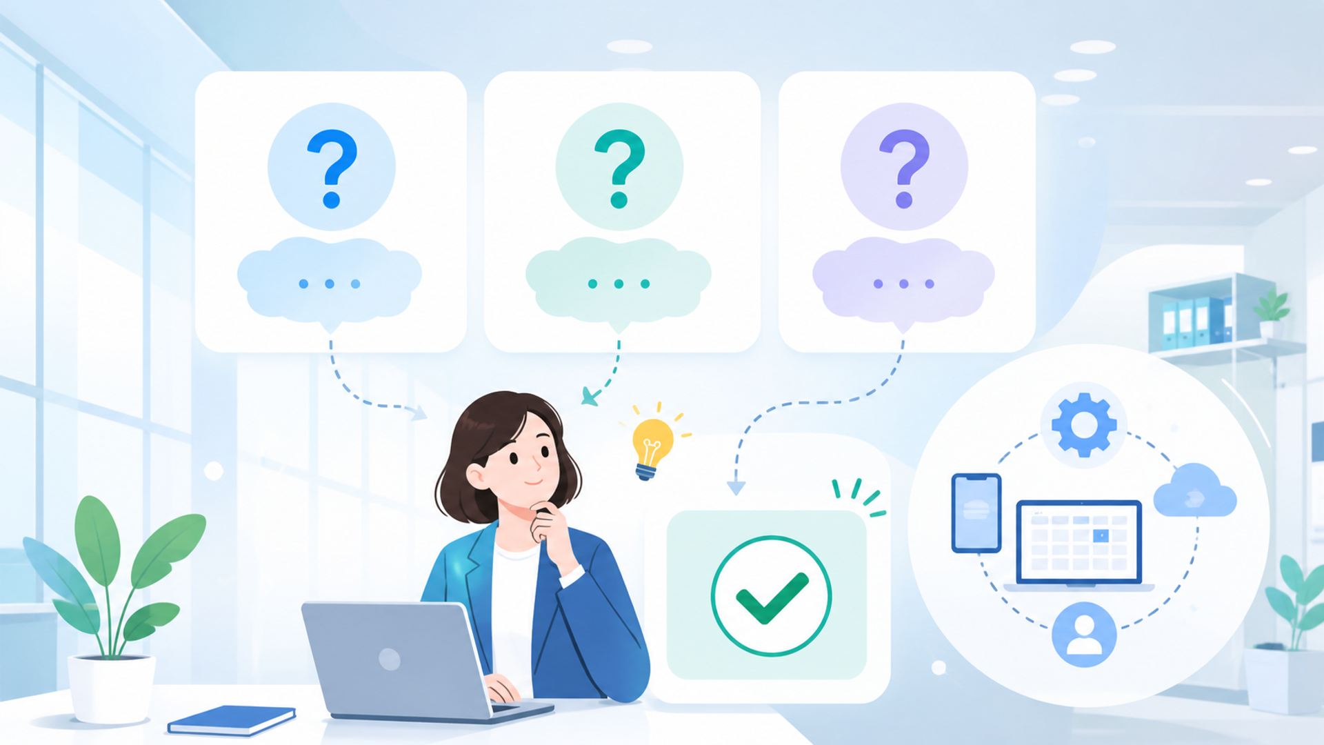 導入時によくある疑問と解決策（FAQ）を表す図解イラスト