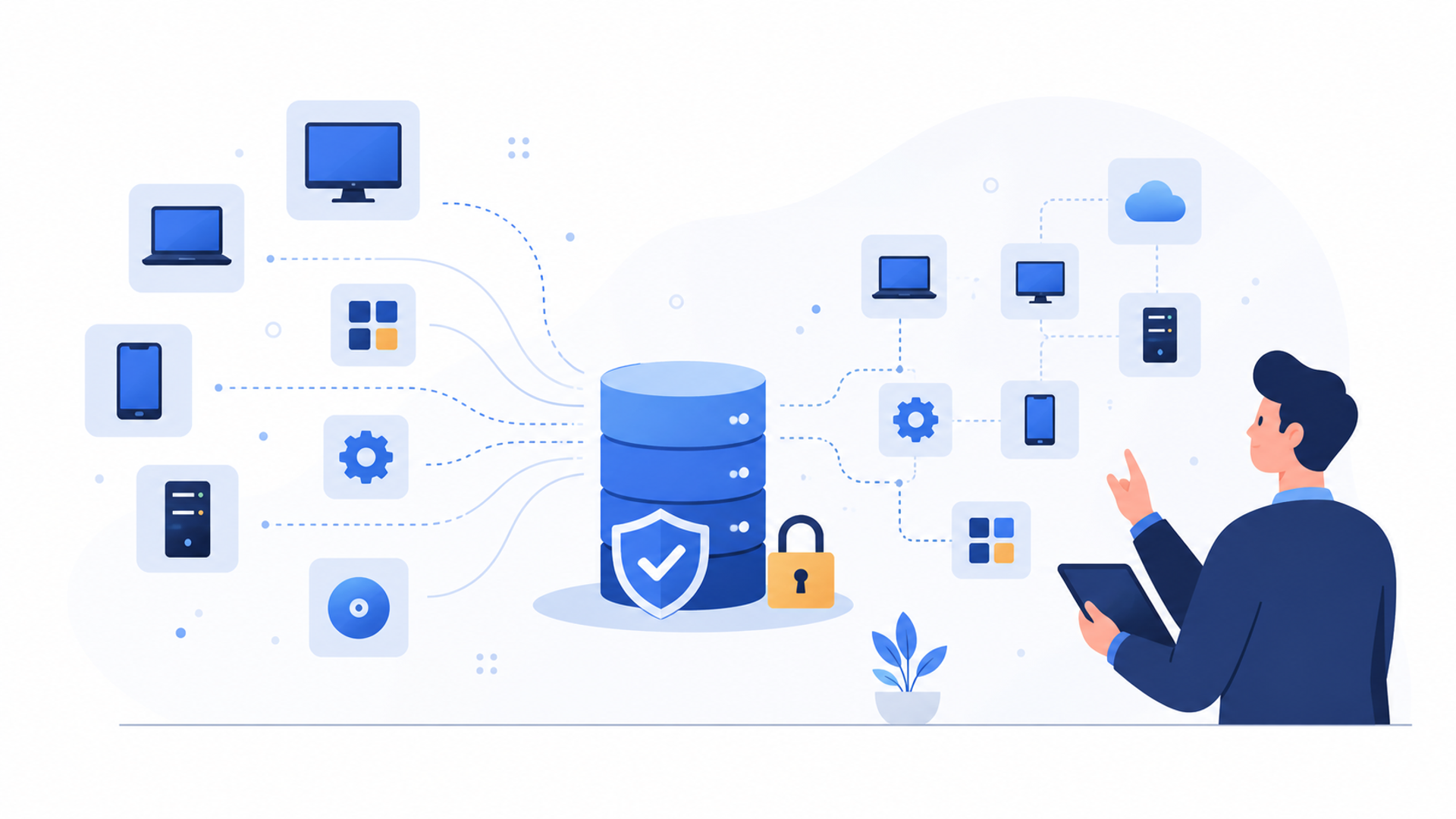 企業のITアセットマネジメントとライセンス管理を表す図解イラスト