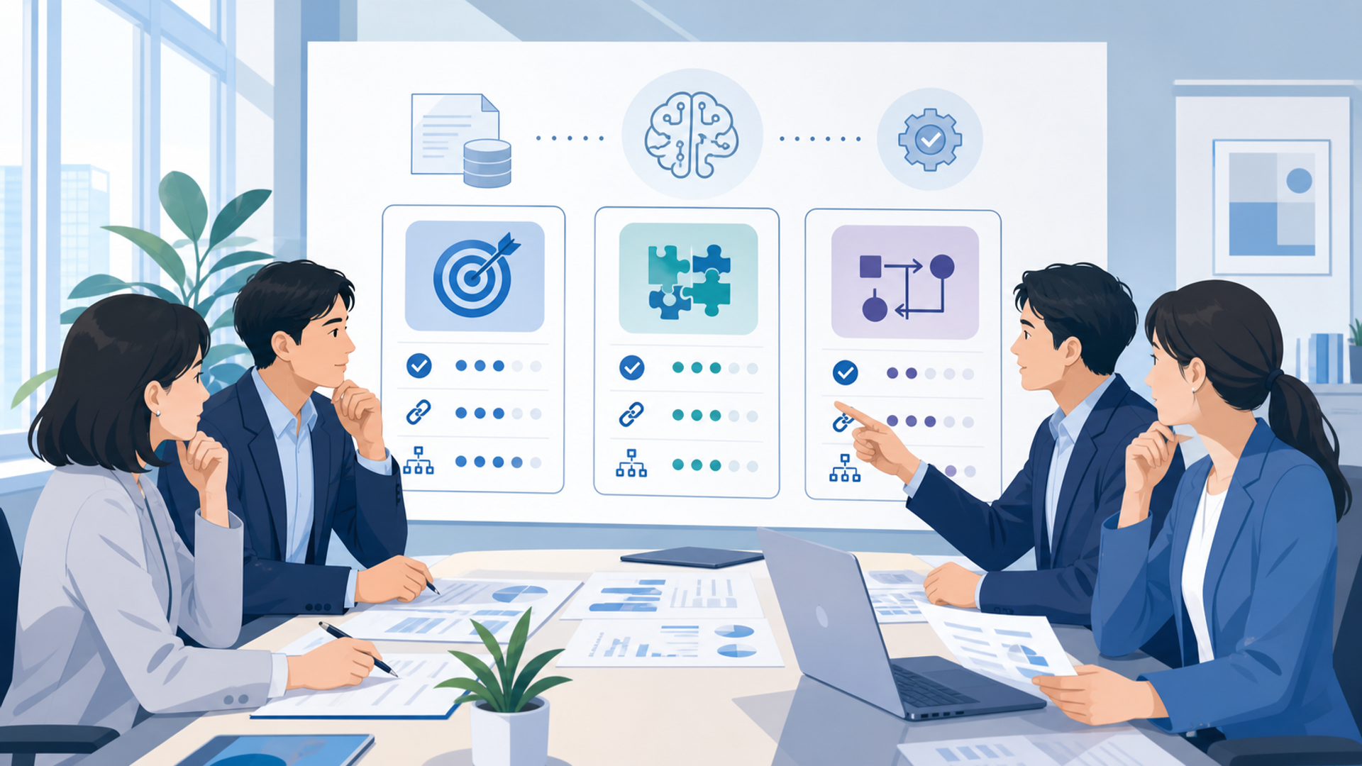 自社に最適なツールを選定する際の3つの基準を表す図解イラスト