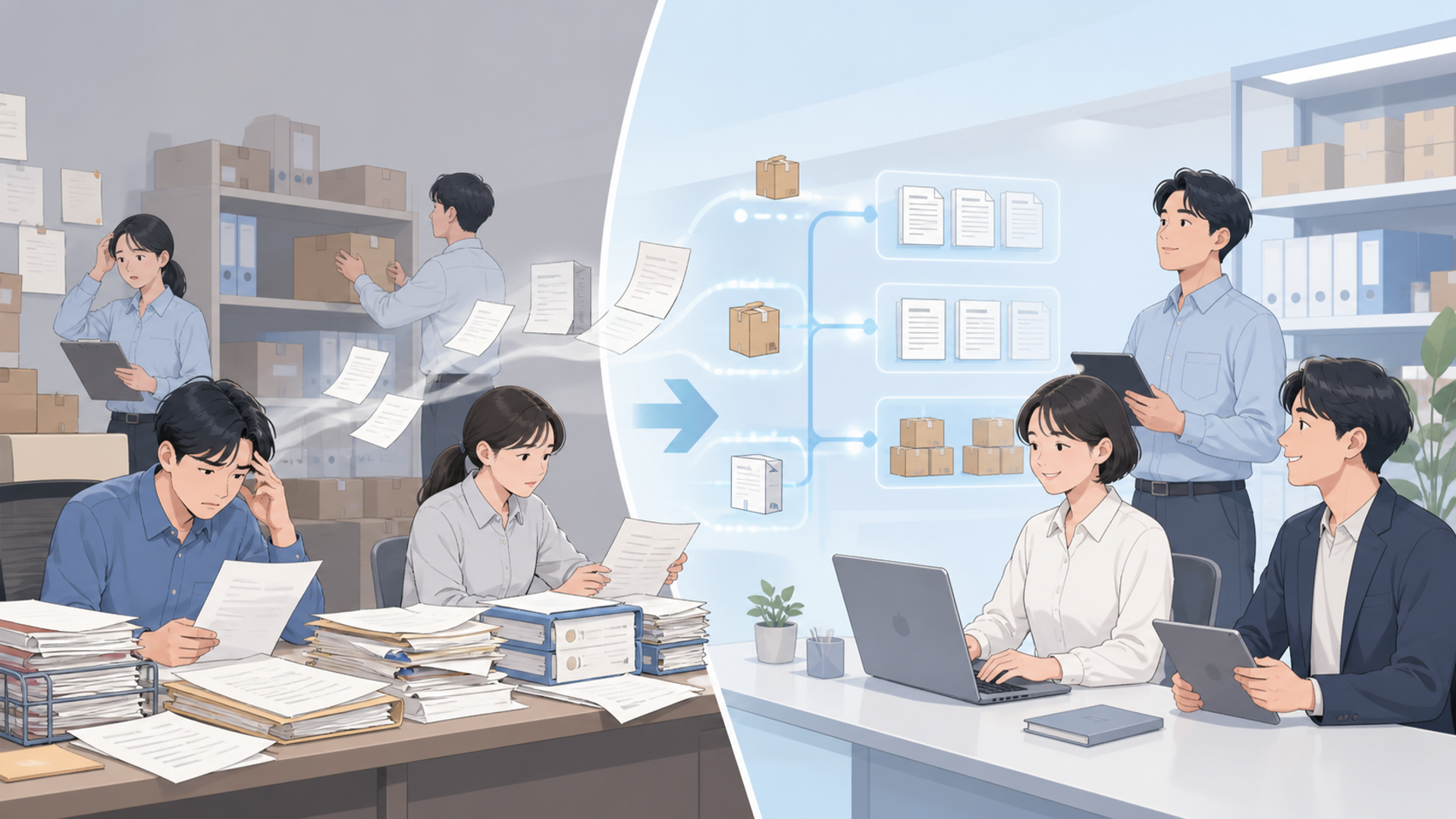 受発注業務を自動化するメリットと導入効果を表す図解イラスト