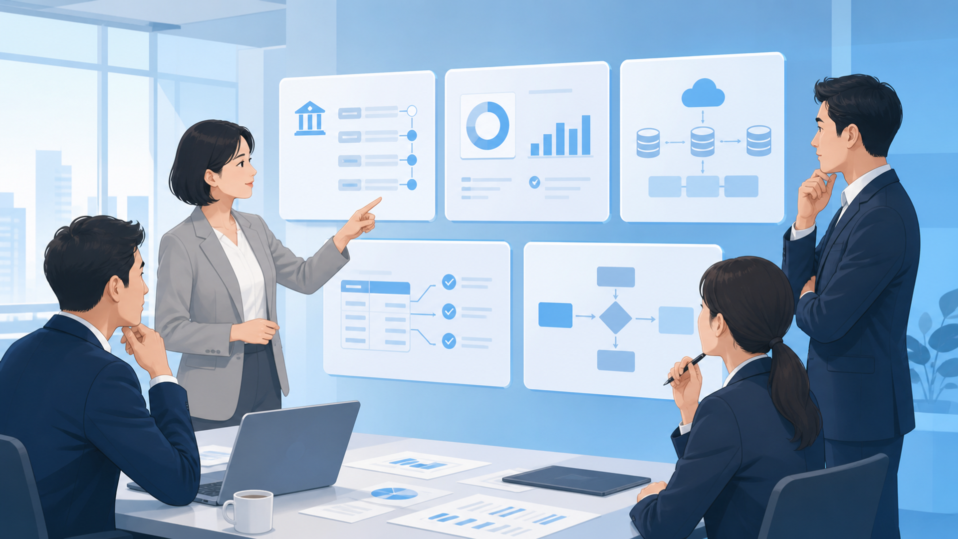 自社に最適なシステムを選ぶ際の4つのポイントを表す図解イラスト